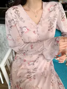 DAZY Floral Print Flounce Sleeve Dress,Fall Dress Vacation Outfits Women Maxi Dress - Pink - View 8