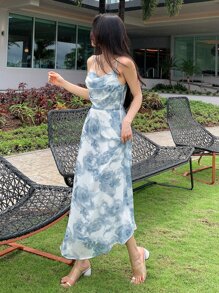 DAZY Floral Print Draped Collar Cami Dress Sundress Vacation Outfits Women - Blue and White - View 8