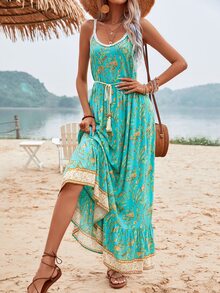 SHEIN VCAY Floral & Plants Print Ruffle Hem Belted Cami Dress