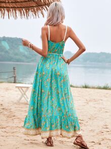 SHEIN VCAY Floral & Plants Print Ruffle Hem Belted Cami Dress