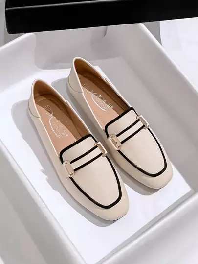 Mengshangli 2025年秋季女士金属装饰撞色方头平底鞋，优雅户外休闲平底鞋