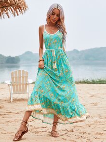 SHEIN VCAY Floral & Plants Print Ruffle Hem Belted Cami Dress