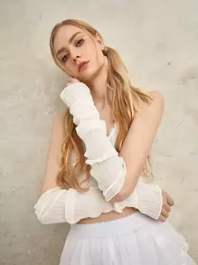 ROMWE Fairycore 素色木耳邊露指手套 - 白色 - 查看 1