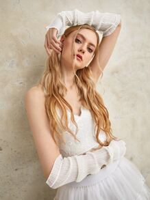 ROMWE Fairycore 素色木耳邊露指手套 - 白色 - 查看 2