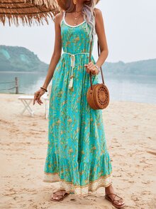 SHEIN VCAY Floral & Plants Print Ruffle Hem Belted Cami Dress