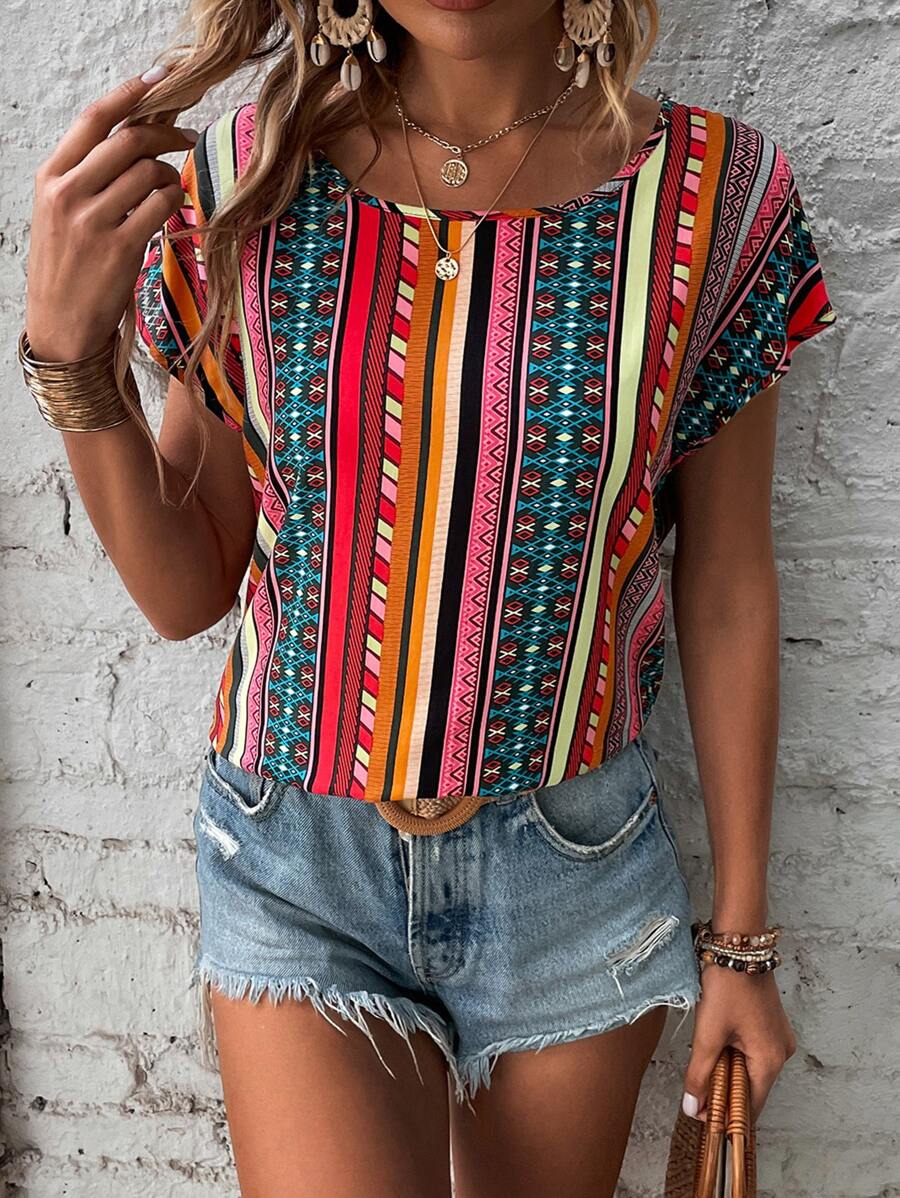 SHEIN LUNE Geo Print Batwing Sleeve Blouse - Multicolor - View 1