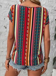 SHEIN LUNE Geo Print Batwing Sleeve Blouse - Multicolor - View 2