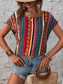 SHEIN LUNE Geo Print Batwing Sleeve Blouse - Multicolor - View 3