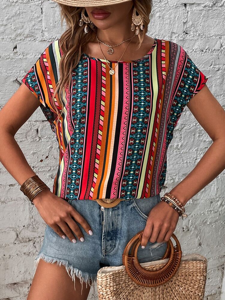 SHEIN LUNE 幾何印花蝙蝠袖襯衫 - 彩色 - 查看 3