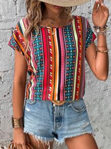 SHEIN LUNE Geo Print Batwing Sleeve Blouse - Multicolor - View 4