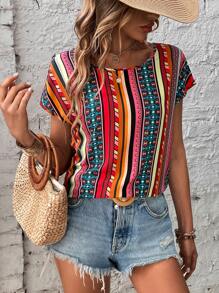 SHEIN LUNE Geo Print Batwing Sleeve Blouse - Multicolor - View 5