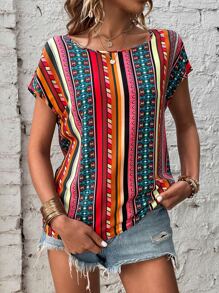 SHEIN LUNE Geo Print Batwing Sleeve Blouse - Multicolor - View 6