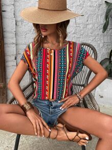 SHEIN LUNE Geo Print Batwing Sleeve Blouse - Multicolor - View 7