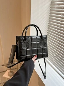 絎縫方形包雙把手帶零錢包 - 黑色 - 查看 7