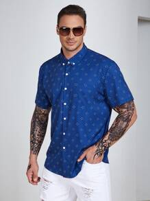 Manfinity Homme Men Plus Size Allover Print Shirt Short Sleeve Button Up Dark Blue Going Out Casual Shirt - Navy Blue - View 1