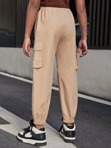 SHEIN 女孩側翻蓋口袋工裝褲 - 卡其色 - 查看 2