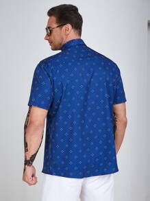 Manfinity Homme Men Plus Size Allover Print Shirt Short Sleeve Button Up Dark Blue Going Out Casual Shirt - Navy Blue - View 2