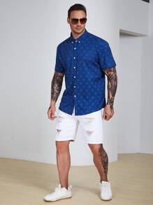 Manfinity Homme Men Plus Size Allover Print Shirt Short Sleeve Button Up Dark Blue Going Out Casual Shirt - Navy Blue - View 3