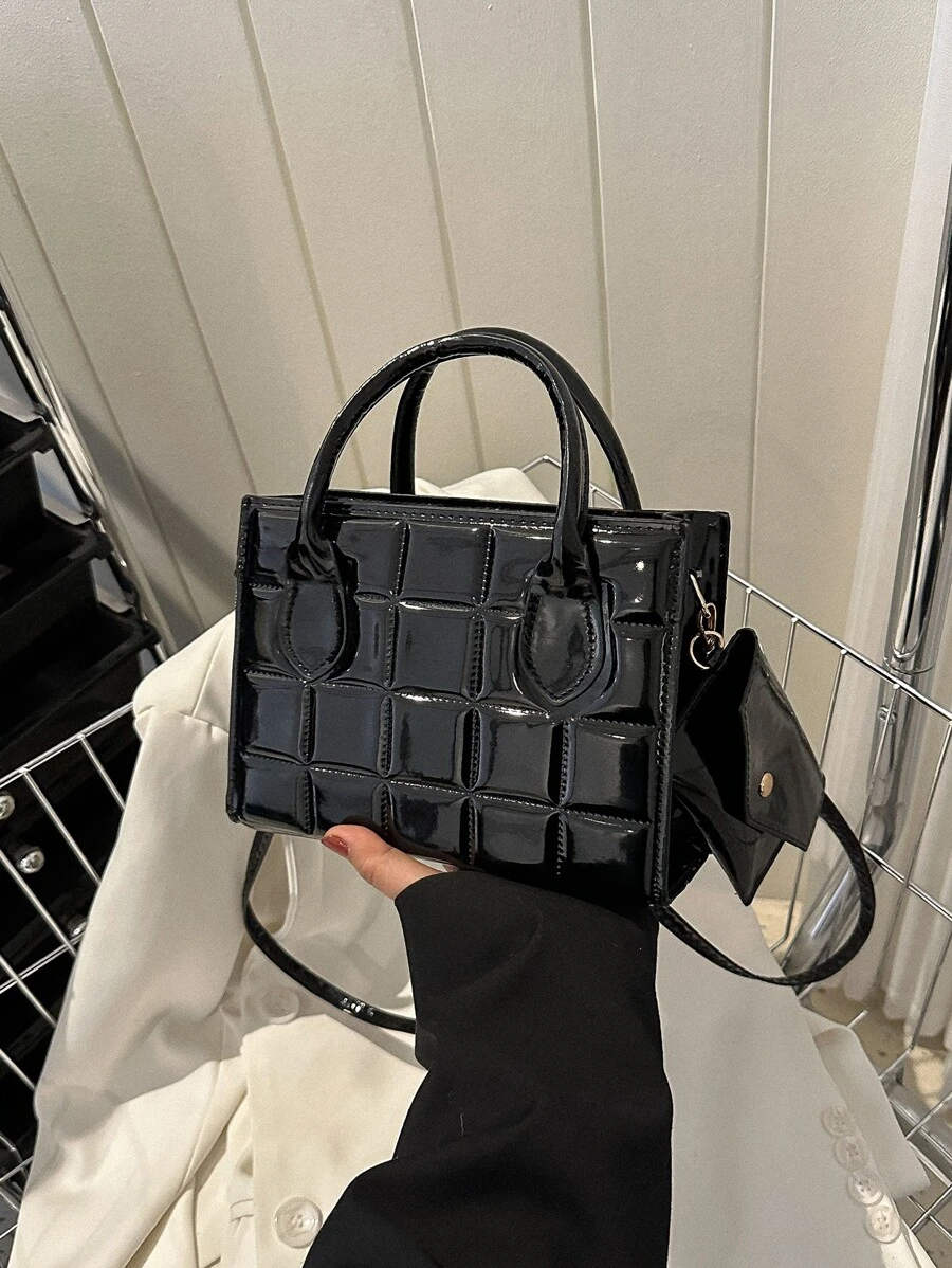 絎縫方形包雙把手帶零錢包 - 黑色 - 查看 1