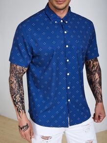 Manfinity Homme Men Plus Size Allover Print Shirt Short Sleeve Button Up Dark Blue Going Out Casual Shirt - Navy Blue - View 4