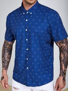 Manfinity Homme Men Plus Size Allover Print Shirt Short Sleeve Button Up Dark Blue Going Out Casual Shirt - Navy Blue - View 5