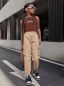 SHEIN 女孩側翻蓋口袋工裝褲 - 卡其色 - 查看 4