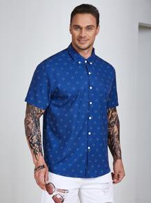 Manfinity Homme Men Plus Size Allover Print Shirt Short Sleeve Button Up Dark Blue Going Out Casual Shirt - Navy Blue - View 6