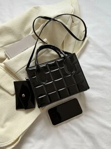 絎縫方形包雙把手帶零錢包 - 黑色 - 查看 4