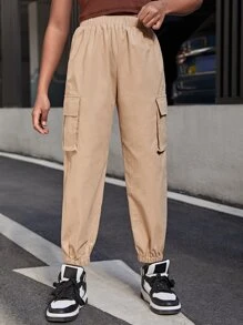 SHEIN 女孩側翻蓋口袋工裝褲 - 卡其色 - 查看 5