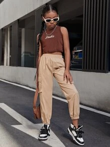 SHEIN 女孩側翻蓋口袋工裝褲 - 卡其色 - 查看 6