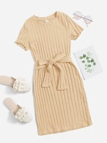 SHEIN Chicas Vestido con cinturón tejido de canalé - Albaricoque - Ver 1