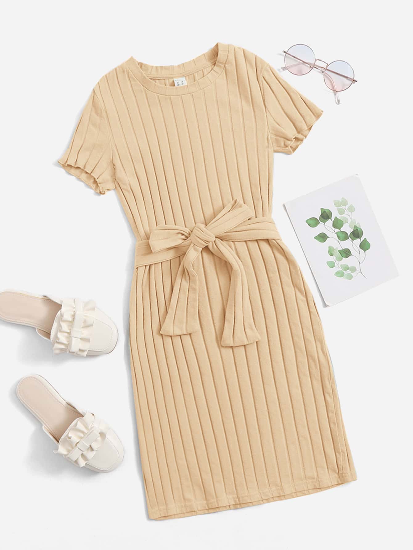 SHEIN Chicas Vestido con cinturón tejido de canalé - Albaricoque - Ver 1