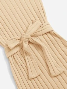SHEIN Chicas Vestido con cinturón tejido de canalé - Albaricoque - Ver 3