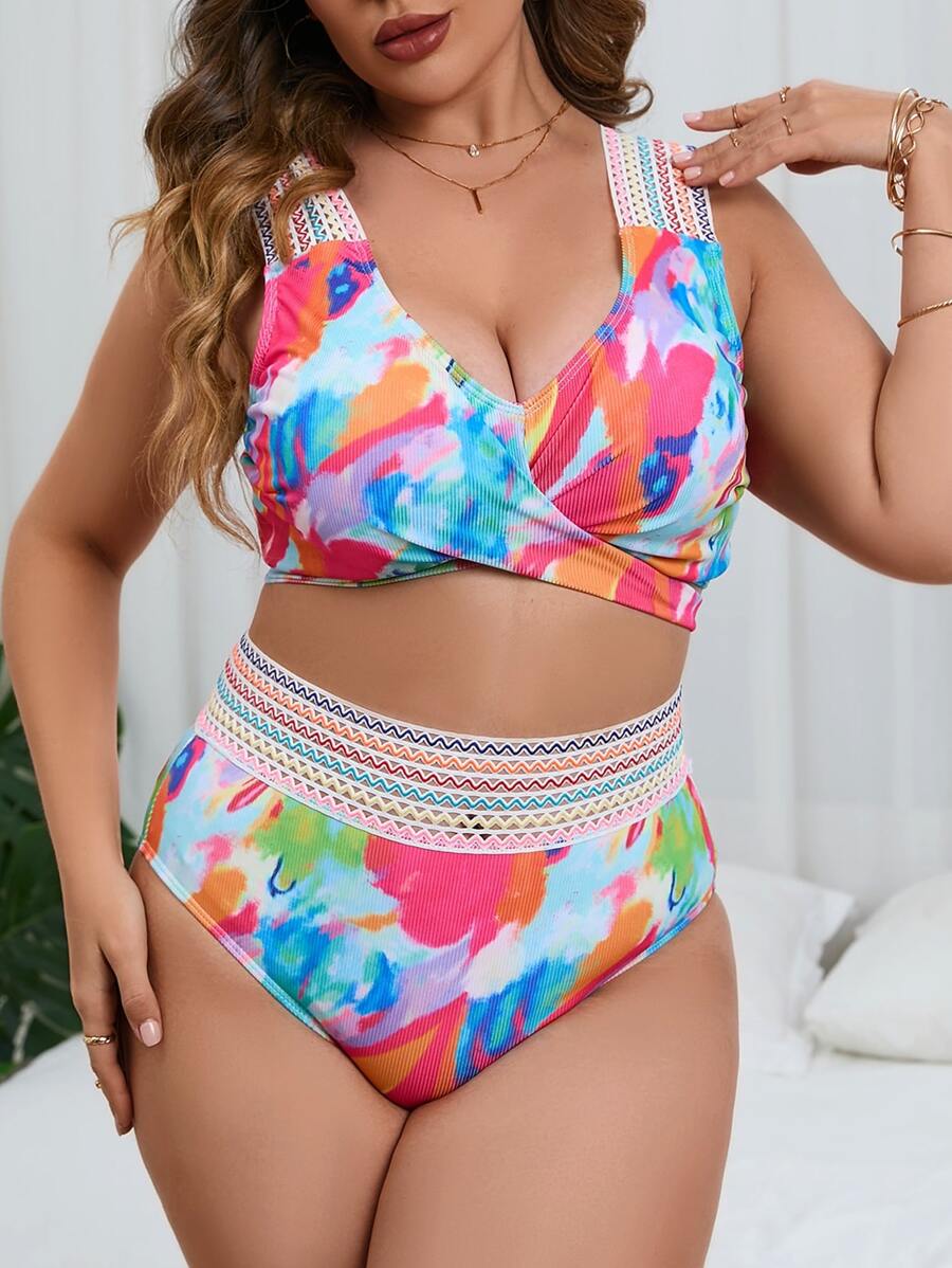 SHEIN Swim Curve Plus Size Tie Dye Contrast Tape Bikini Set Summer Beach - Multicolor - View 1