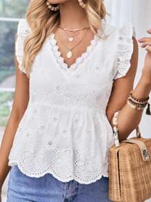 SHEIN Frenchy Eyelet Embroidery Scallop Trim Ruffle Hem Blouse Summer White - White - View 2