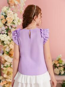 SHEIN Teen Girl Fitted Knit Top With Round Neck And Ruffled Hem, Solid Color - Lilac Purple - View 2