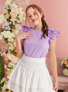 SHEIN Teen Girl Fitted Knit Top With Round Neck And Ruffled Hem, Solid Color - Lilac Purple - View 3