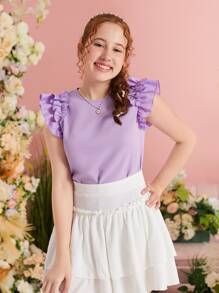 SHEIN Teen Girl Fitted Knit Top With Round Neck And Ruffled Hem, Solid Color - Lilac Purple - View 4
