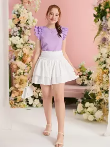 SHEIN Teen Girl Fitted Knit Top With Round Neck And Ruffled Hem, Solid Color - Lilac Purple - View 5