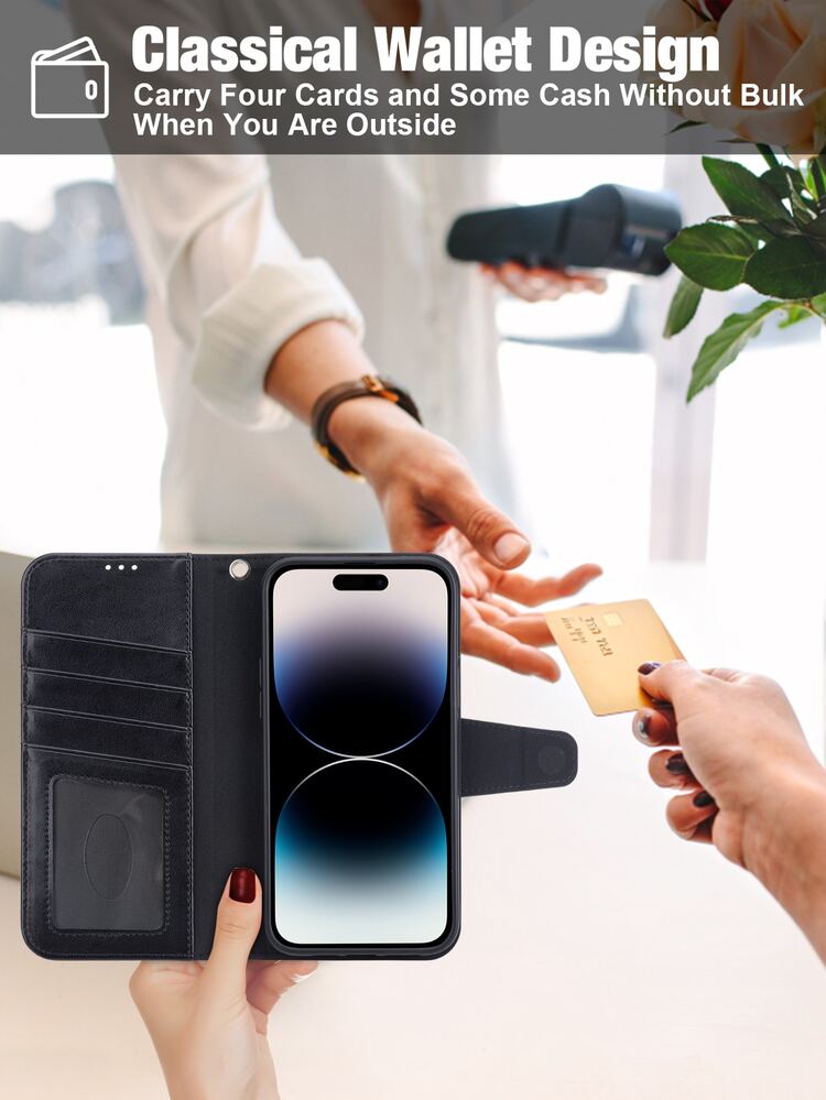 Arae 1入組黑色 PU 皮革手機殼附卡槽、腕帶和錢袋，相容於 15promax/14/13/12/11/xr/xs/x/7/8/se2/se3 - 黑色 - 查看 6