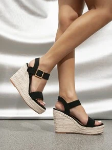 女士編織踝帶度假戶外仿麂皮坡跟涼鞋 - 黑色 - 查看 2