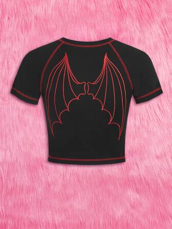 Kawaii Stitching Trim Graphic Crop Tee