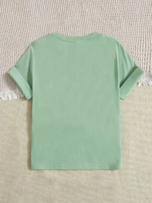 SHEIN Camiseta De Rejilla De Contraste Con Figura Y Frase Publicitaria Para Chicas Preadolescentes - verde menta - Ver 2