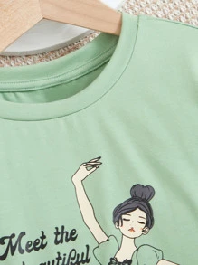 SHEIN Camiseta De Rejilla De Contraste Con Figura Y Frase Publicitaria Para Chicas Preadolescentes - verde menta - Ver 3
