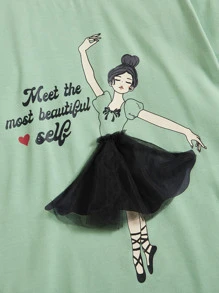 SHEIN Camiseta De Rejilla De Contraste Con Figura Y Frase Publicitaria Para Chicas Preadolescentes - verde menta - Ver 4