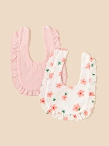 Bebé 2 piezas Babero con estampado floral ribete con fruncido - Multicolor - Ver 2