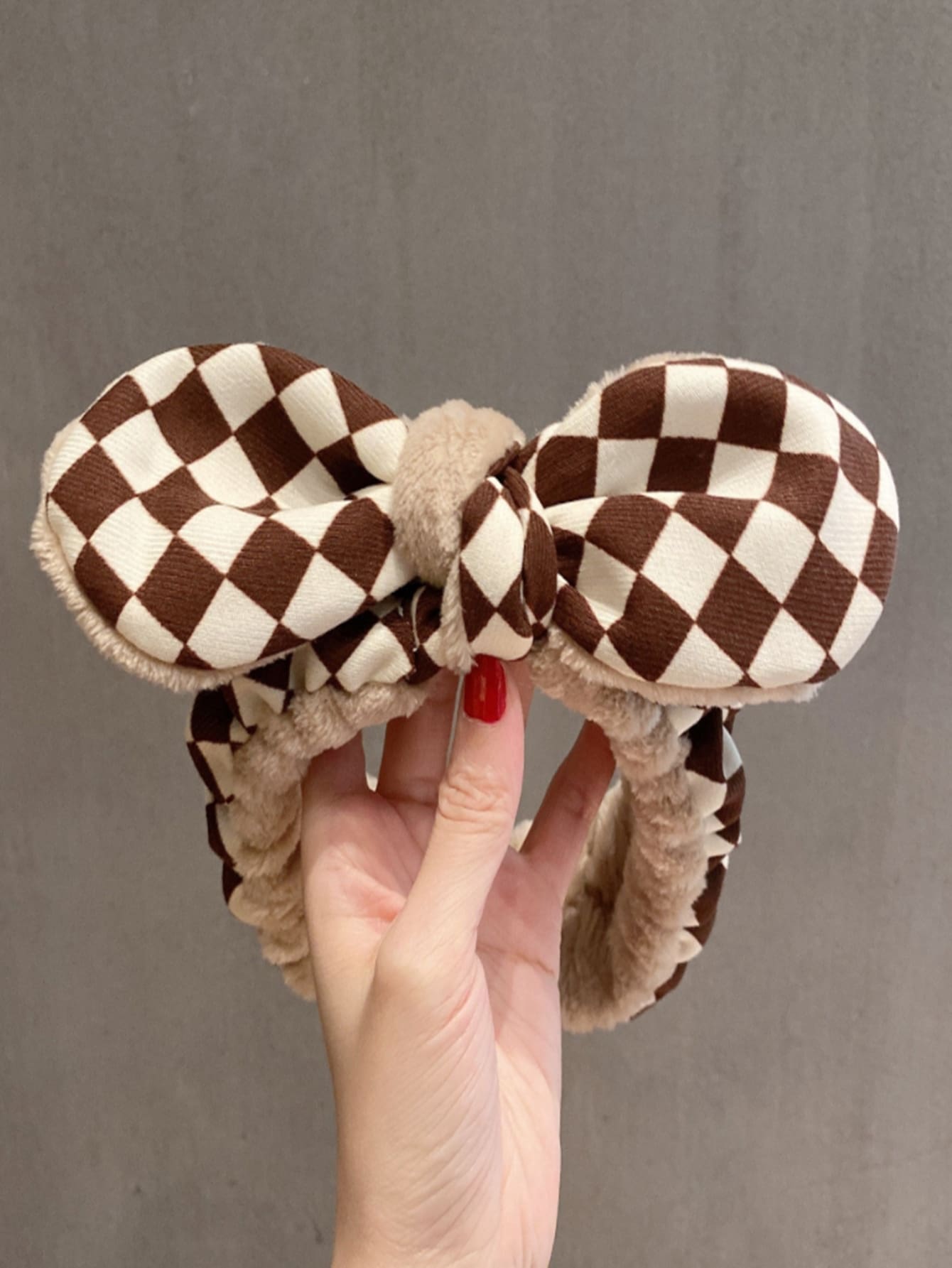 1pc Checkerboard Pattern Bath Headband, Polyester Bow Decor Facial Makeup Headband For Bathroom - Coffee Brown - View 1