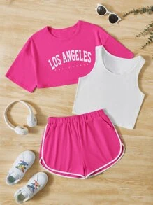 SHEIN 青少年女孩字母圖案背心上衣和短褲和短款T恤 - 彩色 - 查看 1