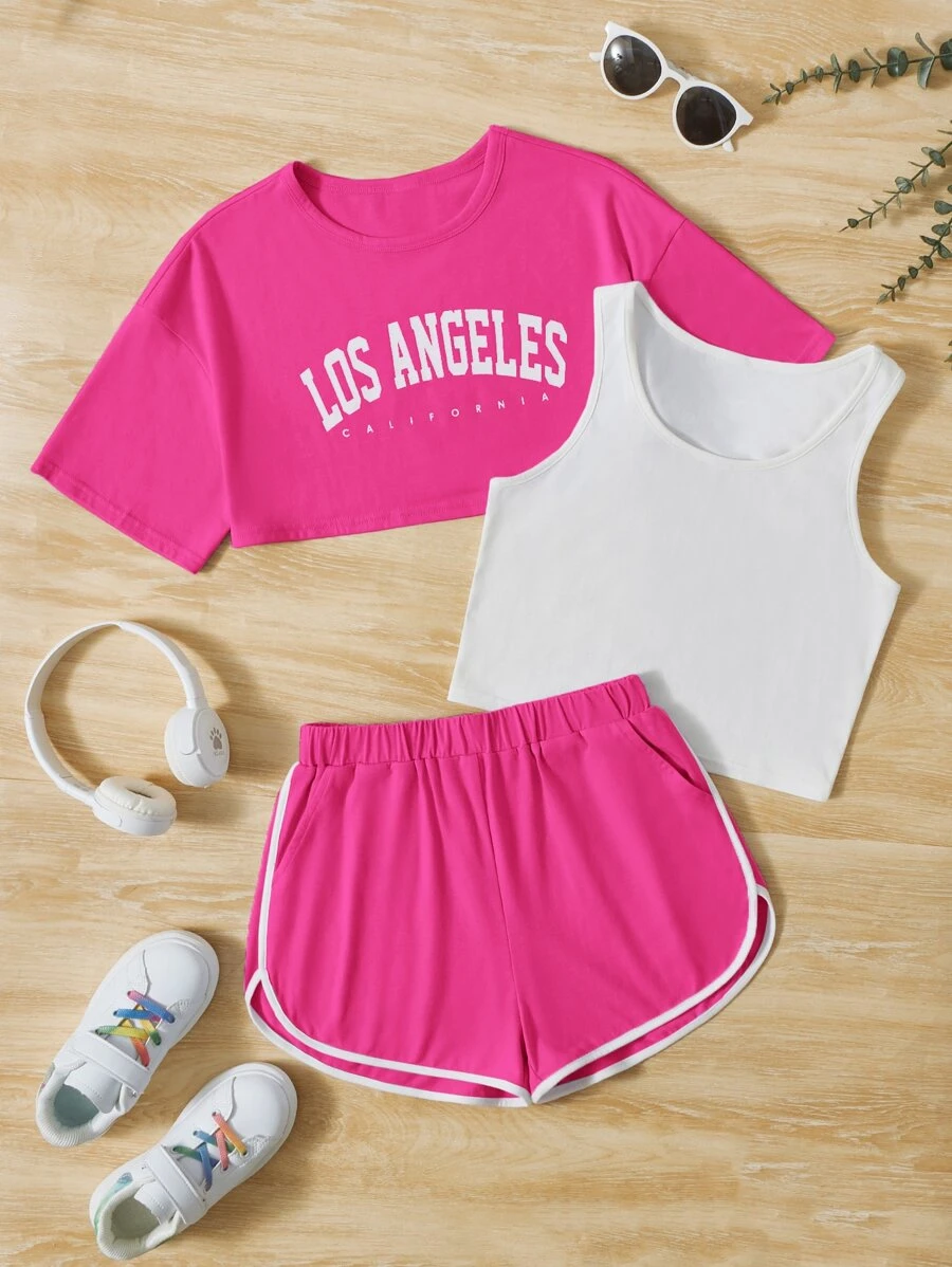 SHEIN 青少年女孩字母圖案背心上衣和短褲和短款T恤 - 彩色 - 查看 1