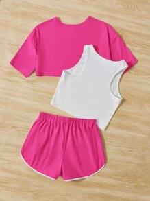 SHEIN 青少年女孩字母圖案背心上衣和短褲和短款T恤 - 彩色 - 查看 2